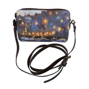 VIDA Pamela Rogers Crossbody Bag Night Cityscape Print Adjustable Leather Strap